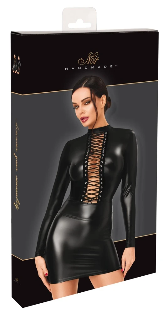 Sexy Kinky Minikleid im schwarzen Powerwetlook mit tiefem Schnürausschnitt, langen Ärmeln und figurbetonendem Schnitt Noir Handmade