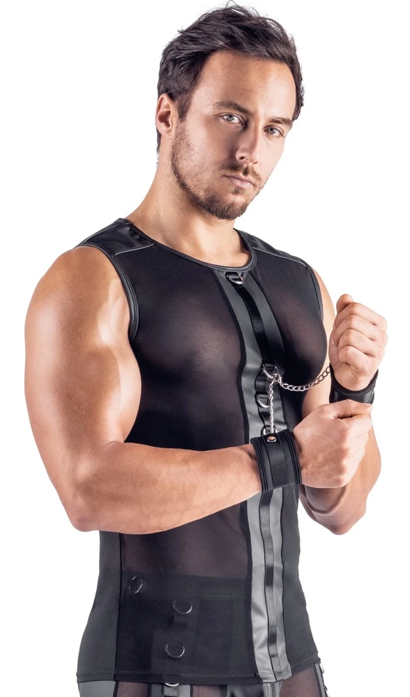 Svenjoyment Bondage Netz-Shirt – ärmellos & elastisch im schwarzen Mattlook mit Fesselringen vorne & hinten inkl. Soft-Handfesseln mit Karabinerketten für heiße Bondage-Action