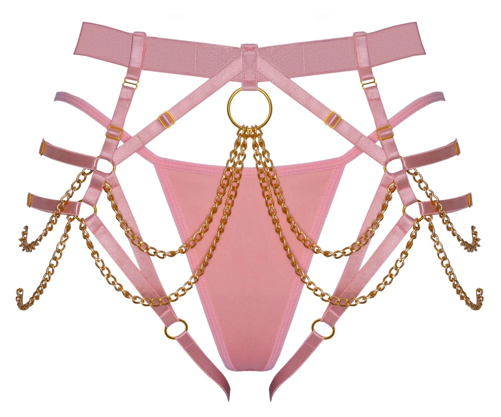 Bad Kitty Harness-String inkl. Mini-String in Rosé mit goldfarbenen Accessoires und glamourösen Ketten vorne und seitlich, verstellbare elastische Riemen für freie Taille und Po