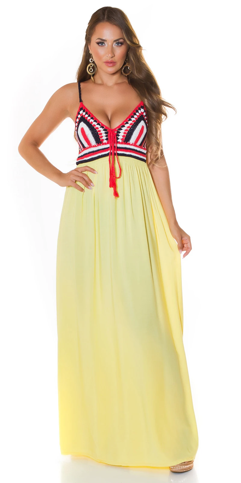 Boho V-Neck Träger Maxi Kleid mit Deko Häkel Partie