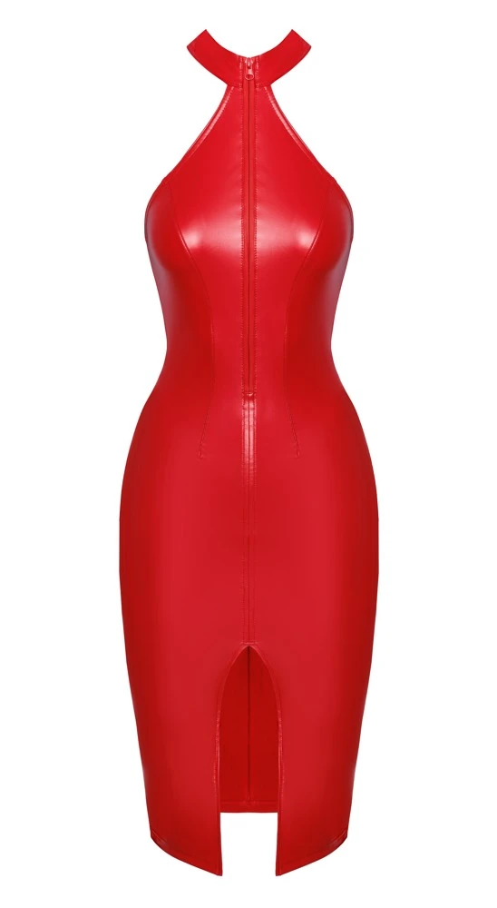 Noir Knallrotes, schulterfreies Kleid im Powerwetlook mit Reißverschluss und Gehschlitz, Party Mididress