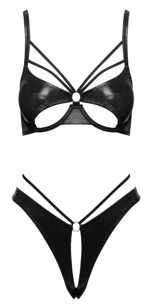 Cottelli LINGERIE Wetlook Bügel-BH & Ouvert-String Set schwarz Riemchen Dessous mit Bügel-Cups verstellbare Träger