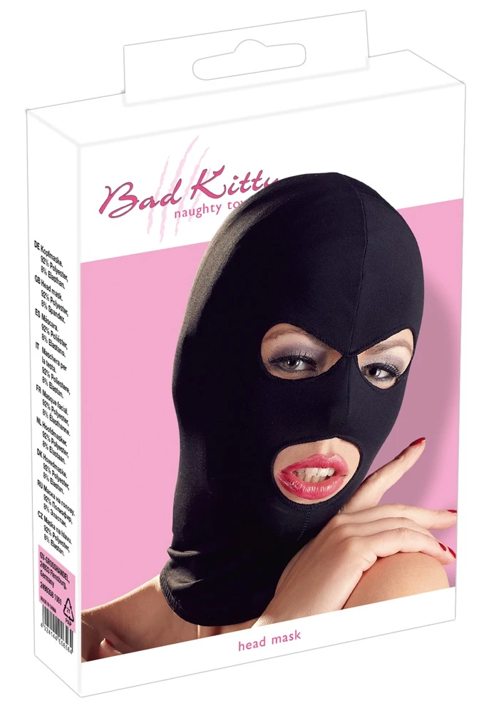 Schwarze, enganliegende Kopfmaske von Bad Kitty aus weichem Stretchmaterial mit Mund- und Augenöffnungen Schwarze, enganliegende Kopfmaske von Bad Kitty aus weichem Stretchmaterial mit Mund- und Augenöffnungen