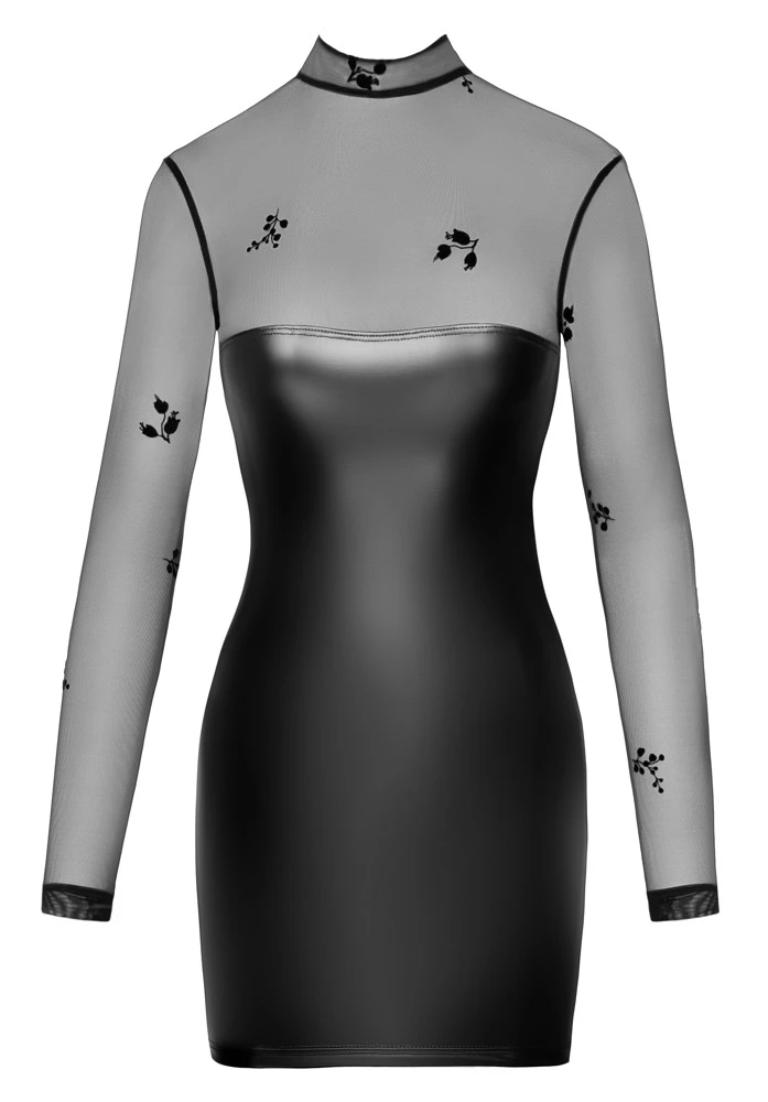 Minikleid Powerwetlook mit Stretchtüll-Oberteil Kleid Flockprint Keyhole-Ausschnitt