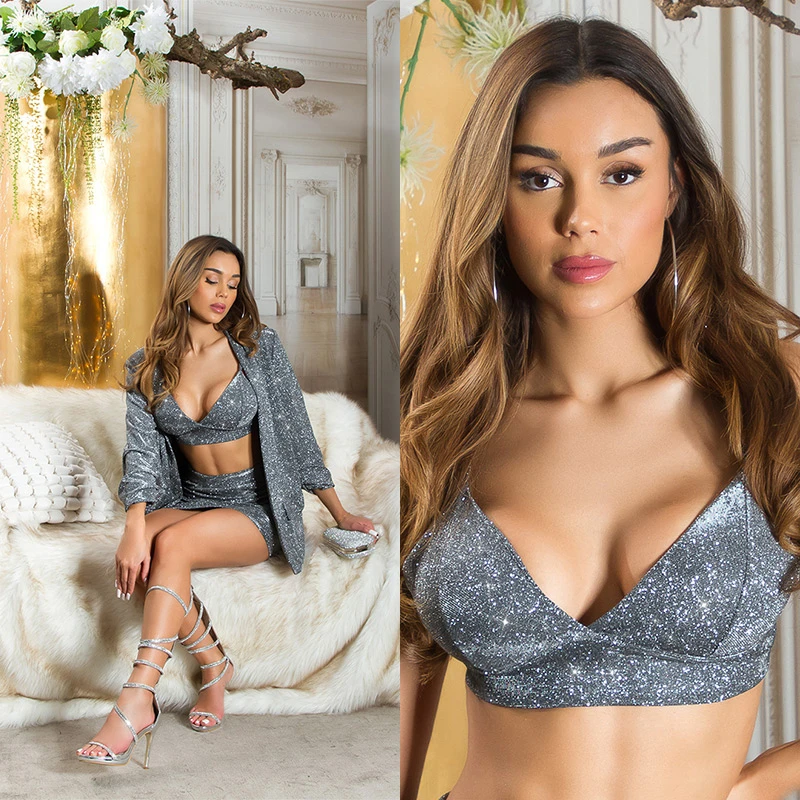 Glitzer Glitter Bustier Top Crop Top Bralette Trägertop Bauchfrei mit V-Neck V-Ausschnitt im Wickellook Glitzer Glitter Bustier Top Crop Top Bralette Trägertop Bauchfrei mit V-Neck V-Ausschnitt im Wickellook