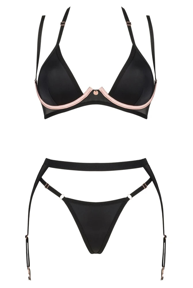Obsessive Elegantes 3-teiliges Dessous-Set Selinne: bestehend aus Bügel-BH, Strapsgurt und String in Schwarz mit Rosa aktzenten am BH.