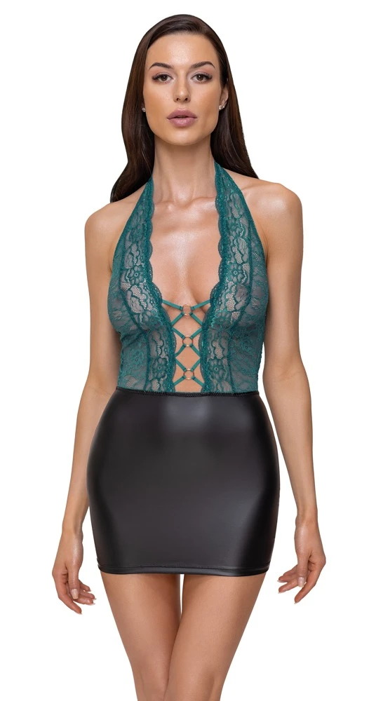 Cottelli LINGERIE Neckholder Kleid aus Spitze Mattlook Minirock schwarz/petrol Cottelli LINGERIE Neckholder Kleid aus Spitze Mattlook Minirock schwarz/petrol