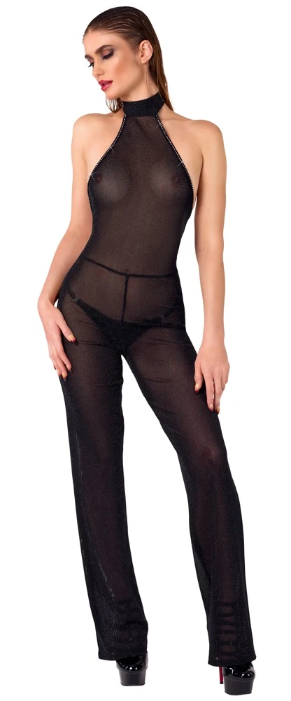 Noir Handmade Schulterfreier Neckholder Overall in schwarzer Glitzer Transparenz mit funkelnden Glitzersteinen, Stehkragen und rückenfreiem Design
