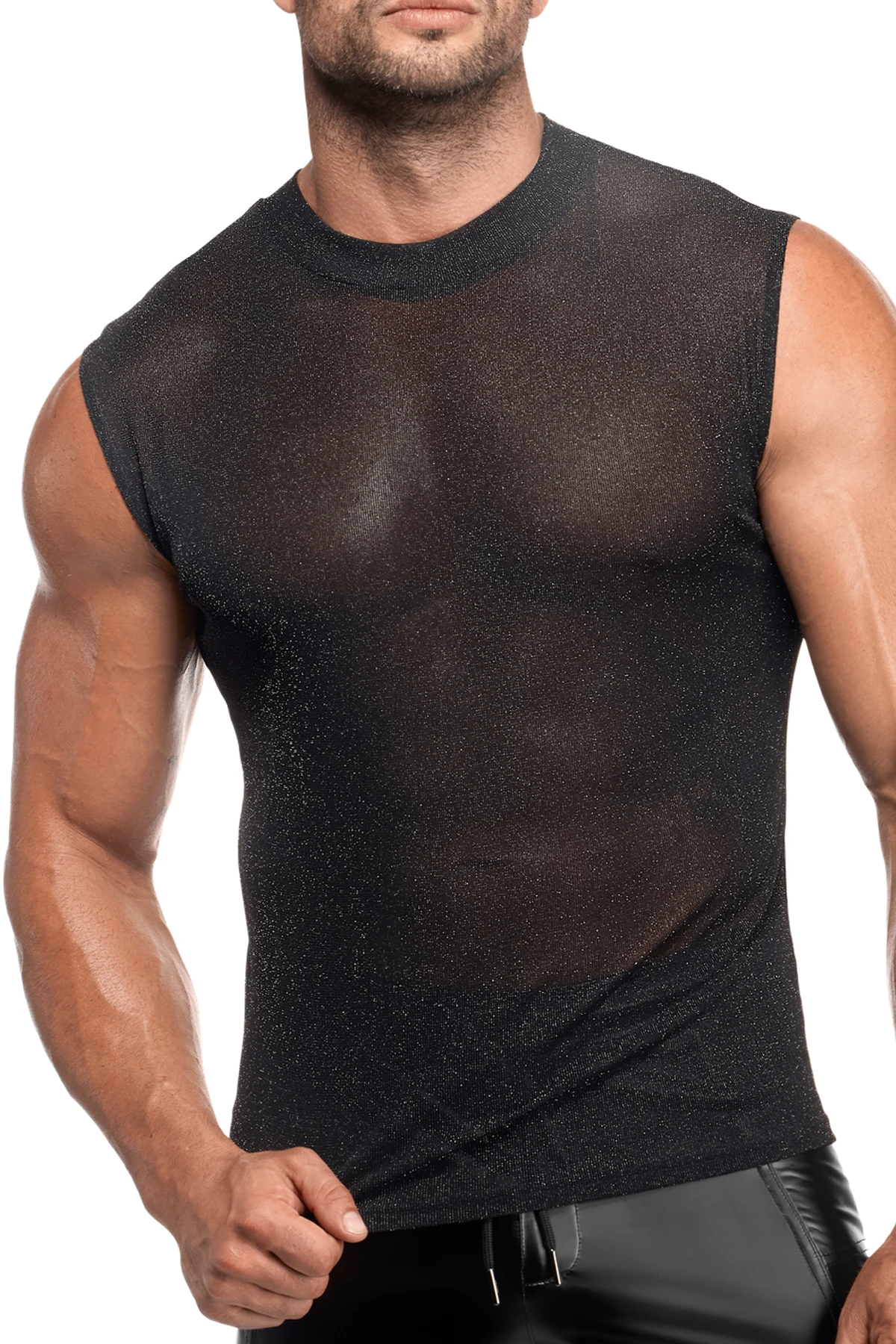 Transparentes Feinnetz Tank Top H083  von Noir Handmade Men im silber schimmernden Look, das den Oberkörper markant betont und jede Bewegung flexibel unterstützt