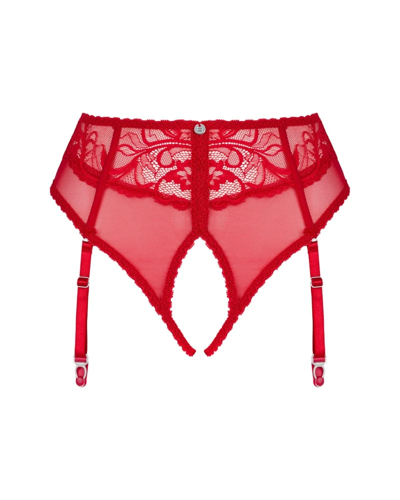 Obsessive Höschen mit Strapsen aus eleganter Spitze mit offenen Schritt in Rot. Perfekte Passform durch abnehmbare und verstellbare Träger.