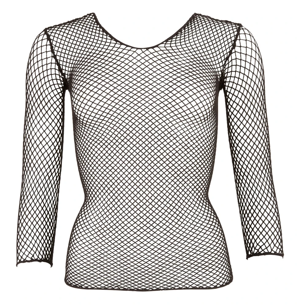 Grobmaschiges Netzshirt Langarm schwarz – sexy erotisches Transparent-Top mit Rundhals, hochelastisch & hauteng wie eine zweite Haut, tragbar mit oder ohne BH