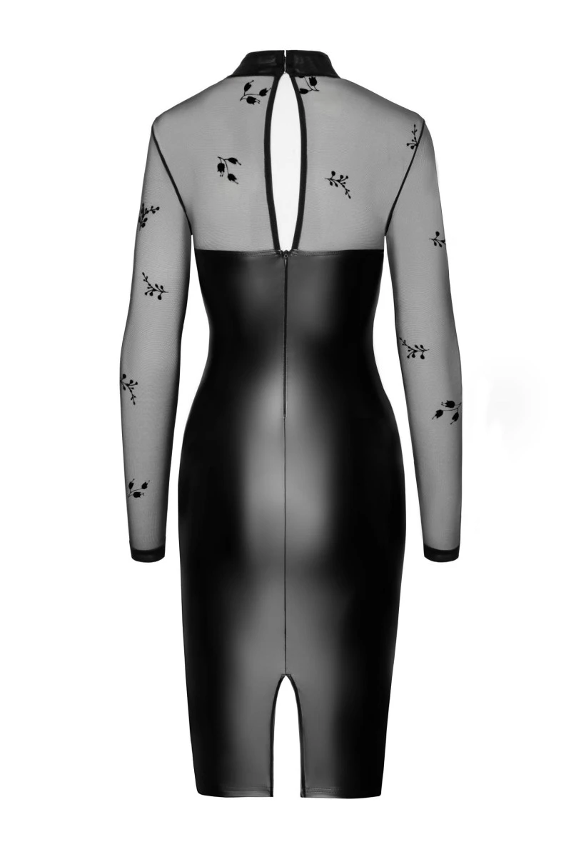 F310 halblanges Powerwetlook Bodycon Midi Kleid mit Tüll von Noir Handmade