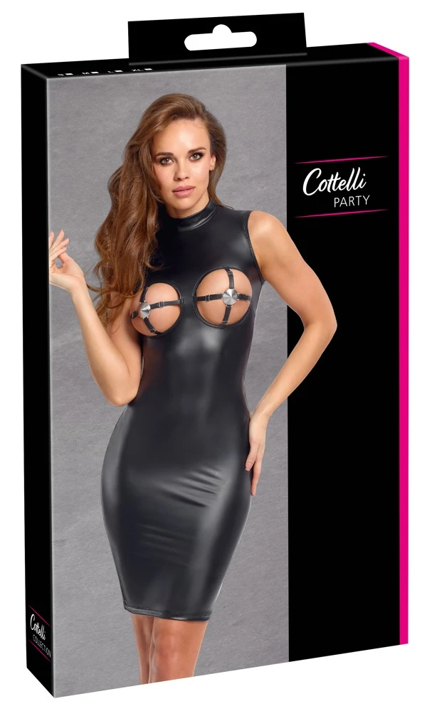 Kinky Cottelli PARTY Kleid im schwarzen Mattlook mit provokant busenfreien Öffnungen, verstellbaren Brust-Riemchen und integrierten Nippel-Covers in knieumspielender Länge