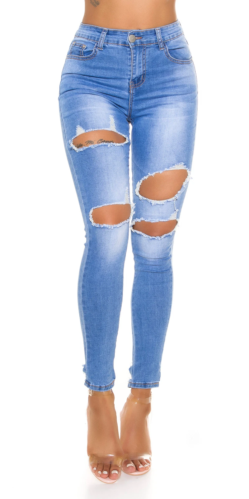 Destroyed Skinny High Waist Jeans Hose Röhrenjeans mit XL-Löcher Ausgefranst Destroyed Skinny High Waist Jeans Hose Röhrenjeans mit XL-Löcher Ausgefranst