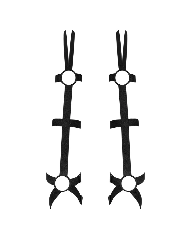 Obsessive ein Paar schwarze Armstulpen Armares in Riemen-Optik mit dekorativen Ringen und Fingerschlaufe. Vielfach passend verstellbar.