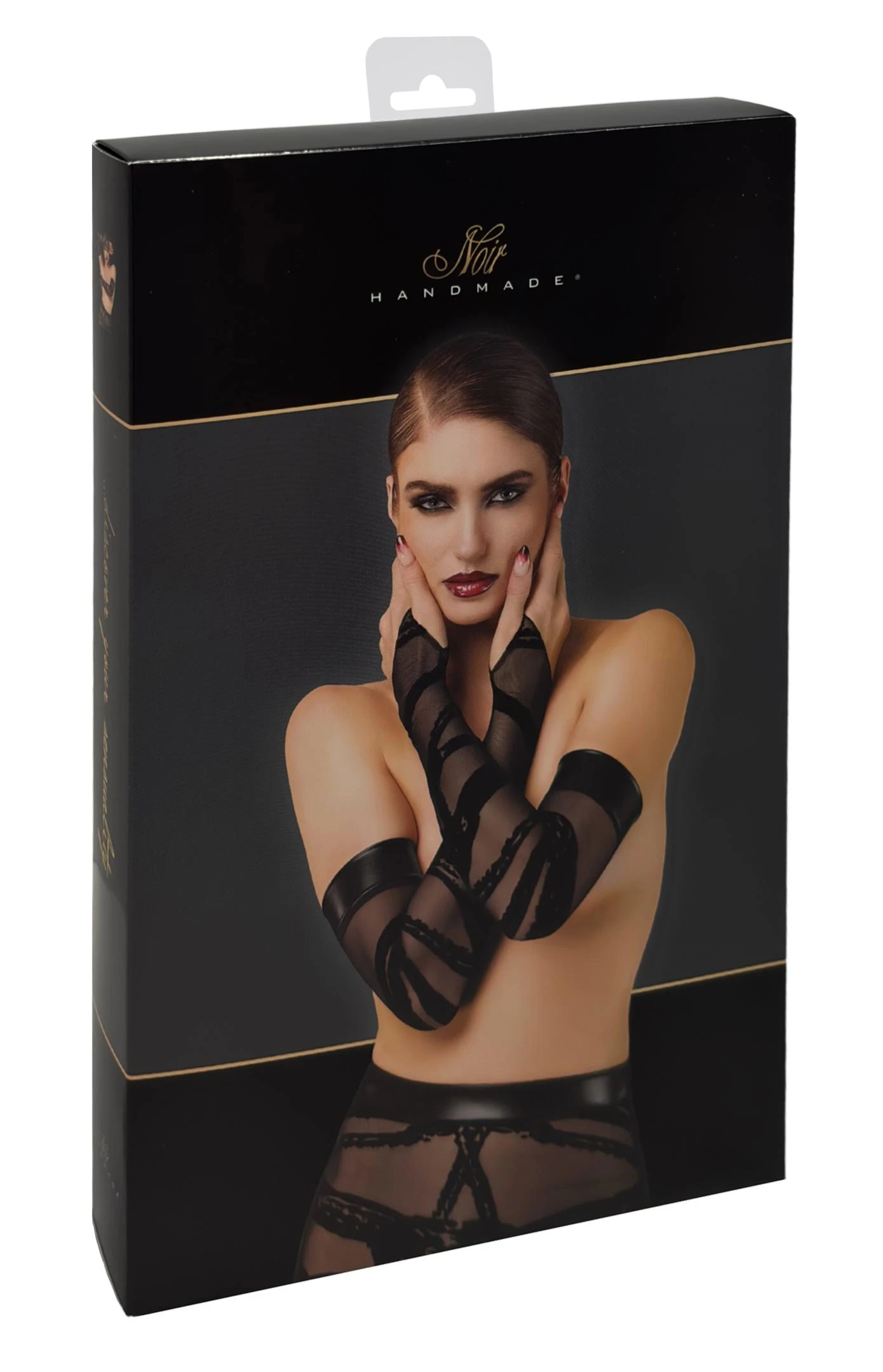 Bondesque Kinky Opera-Handschuhe mit Daumenschlaufe aus elastischem Tüll mit Shibari Flock und Power-Wetlook-Bund – ein markantes Statement für mutige Styles von Noir Handmade F361