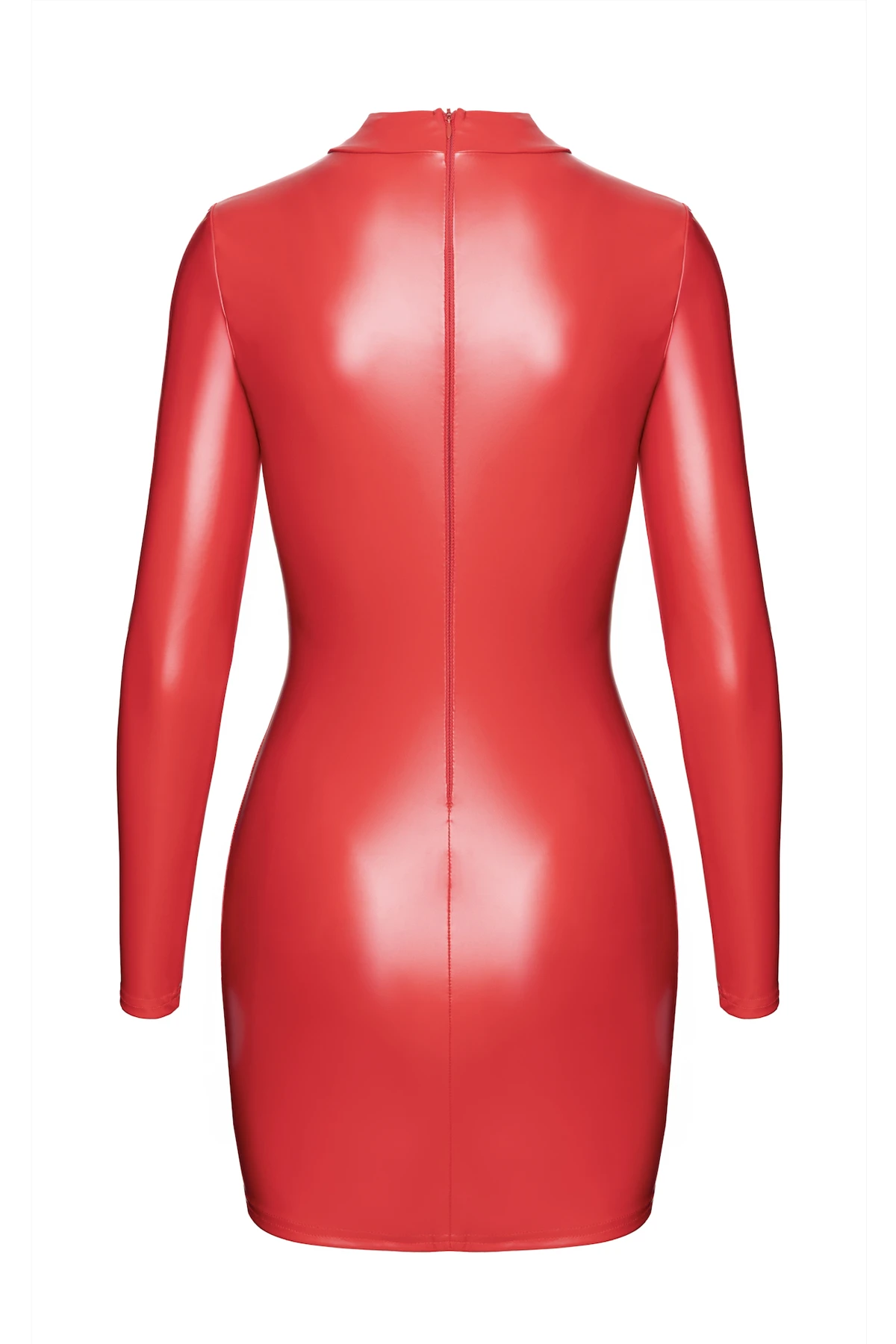 Minikleid Kinky Bombshell Bodycon aus rotem Powerwetlook mit Schlüsselloch-Ausschnitt, langem Ärmel, Stehkragen und verdecktem Reißverschluss – figurbetontes Statement-Piece von Noir Handmade F367