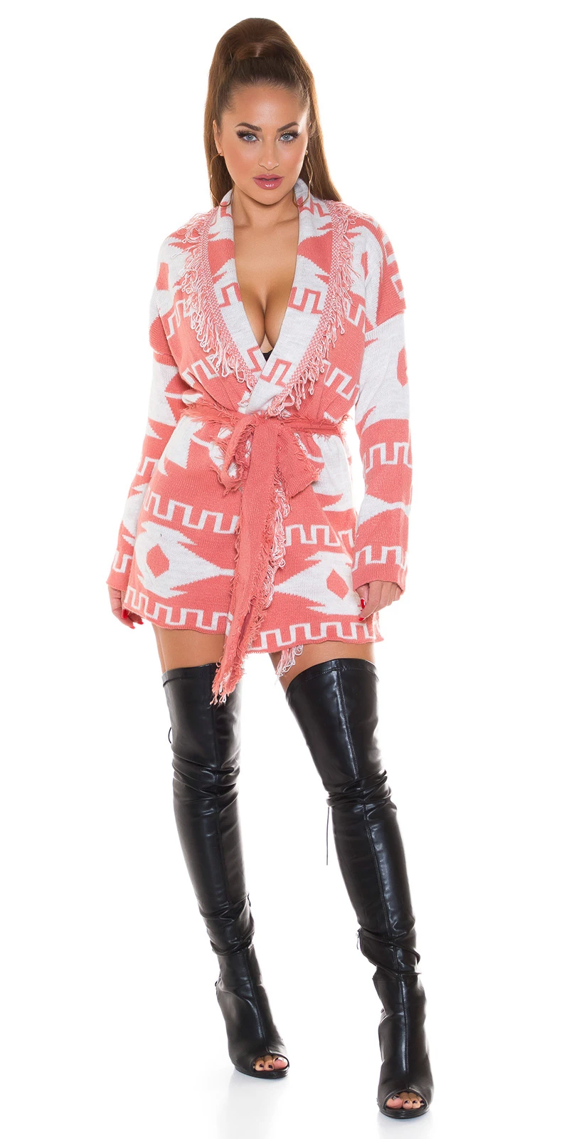 Grafik Printed Long Feinstrick Cardigan mit Fransen und Gürtel Grafik Printed Long Feinstrick Cardigan mit Fransen und Gürtel