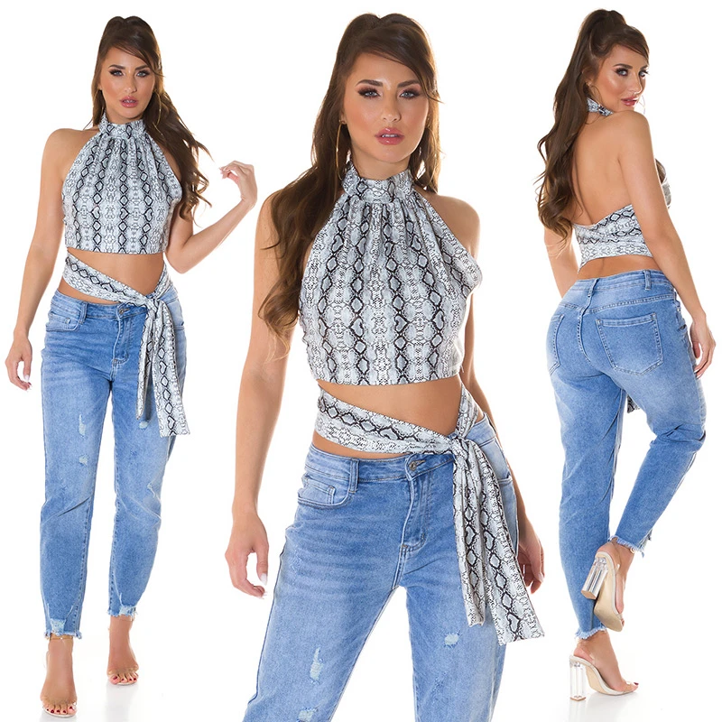 Snake Printed Turtle Neck Crop Top im Leder Look zum Binden Snake Printed Turtle Neck Crop Top im Leder Look zum Binden