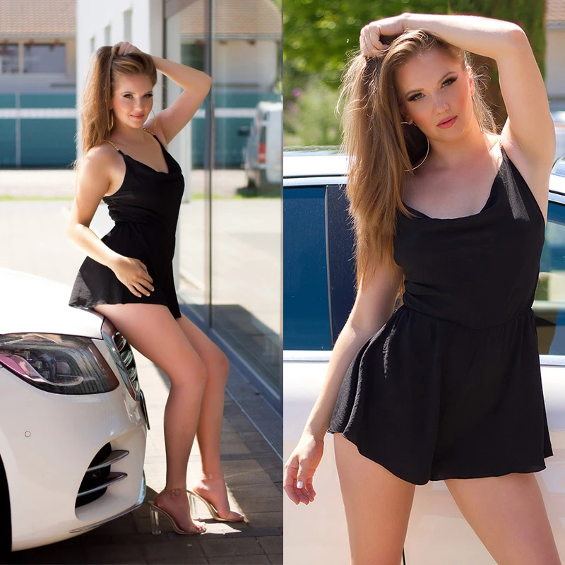 Hotpants-Jumpsuit mit Kettenträger und Wasserfall-Ausschnitt Hotpants-Jumpsuit mit Kettenträger und Wasserfall-Ausschnitt