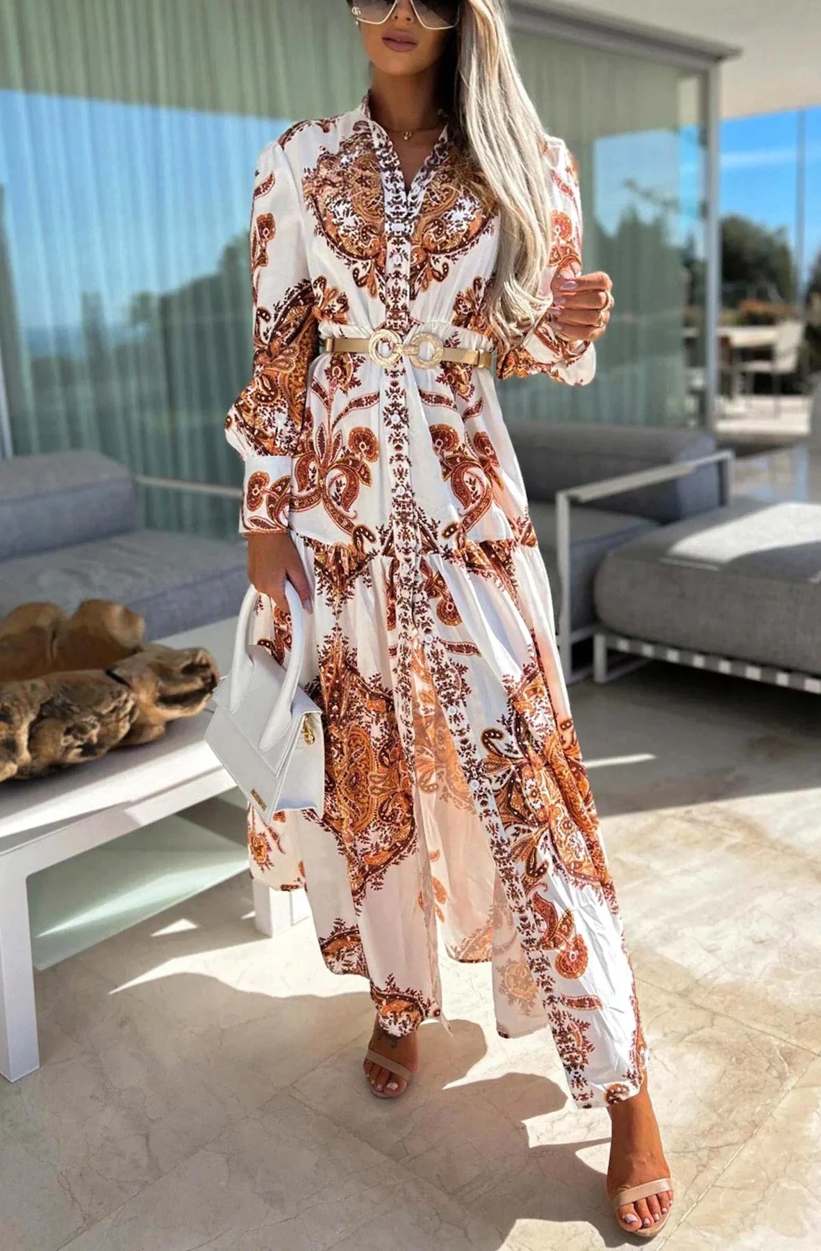 Printed Langarm Maxi Sommer Kleid  mit Knopfleiste