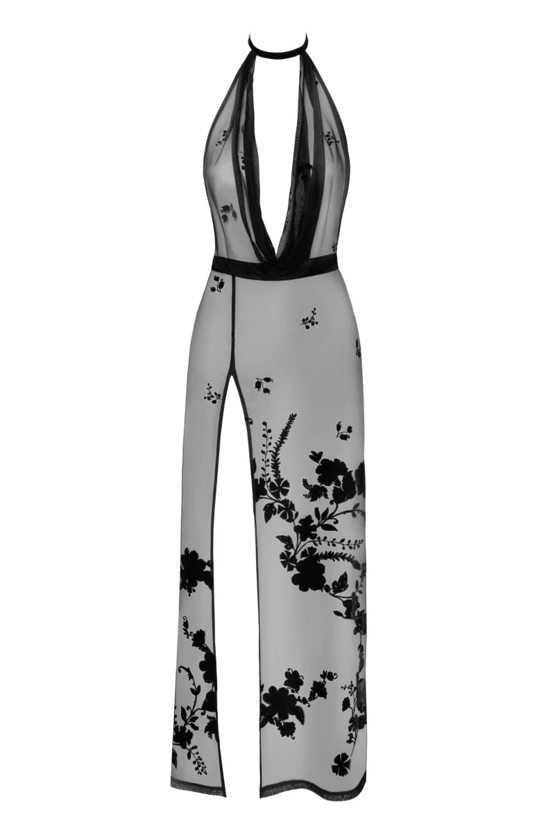 F312 langes Kleid aus Netzmaterial mit tiefem Ausschnitt von Noir Handmade