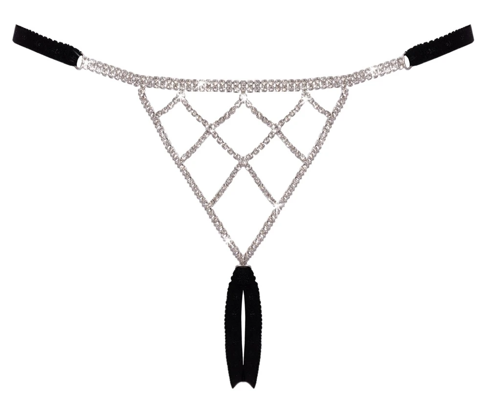 Cottelli LINGERIE String ouvert – luxuriöser Schmuckstring aus weichen Stretchbändern mit funkelnden Strasssteinen vorne & hinten, offen im Schritt und seitlich verstellbar für perfekten Sitz
