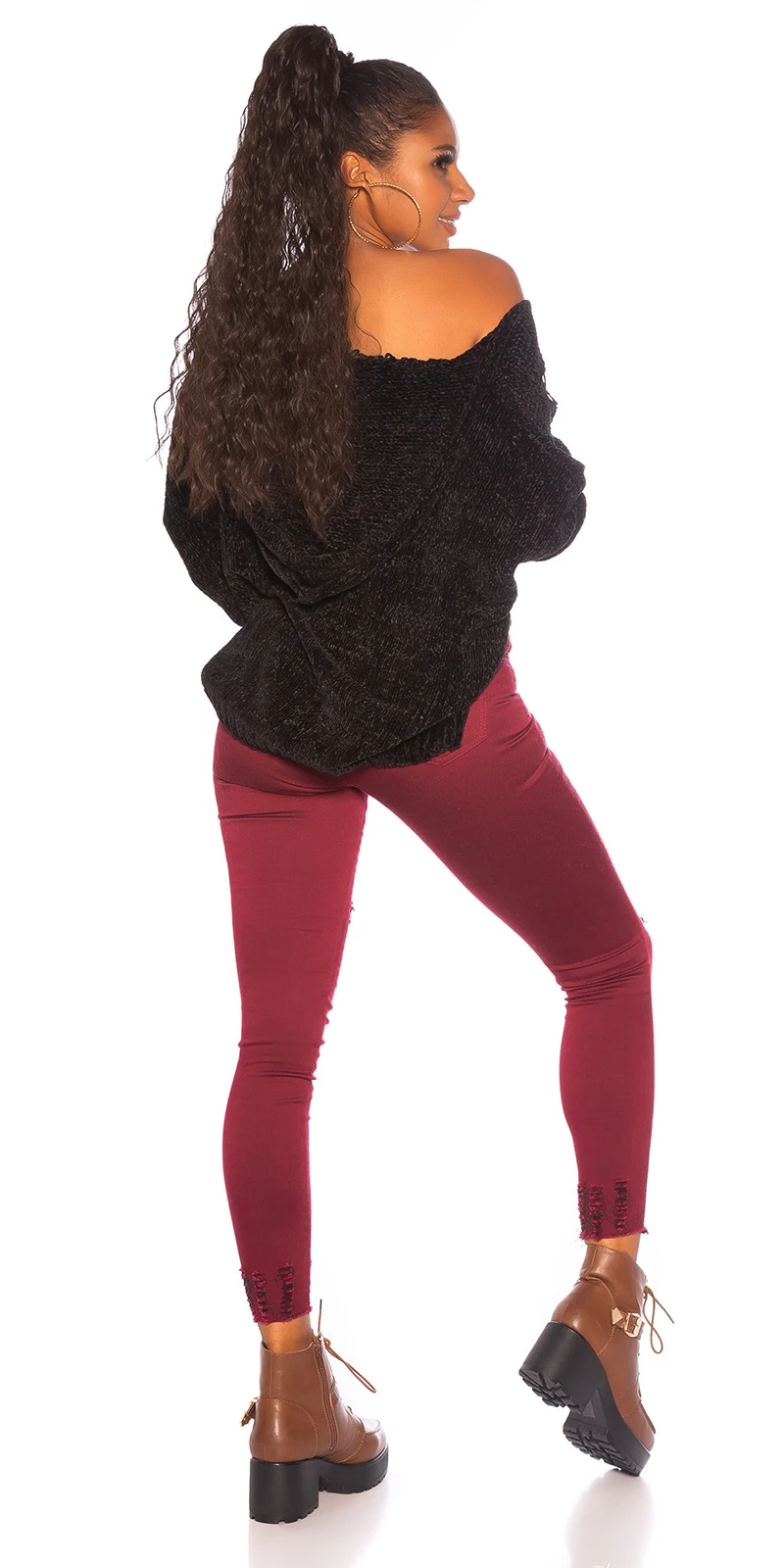 Used Look Crop Grobstrick Vokuhila Pullover mit Kapuze Used Look Crop Grobstrick Vokuhila Pullover mit Kapuze