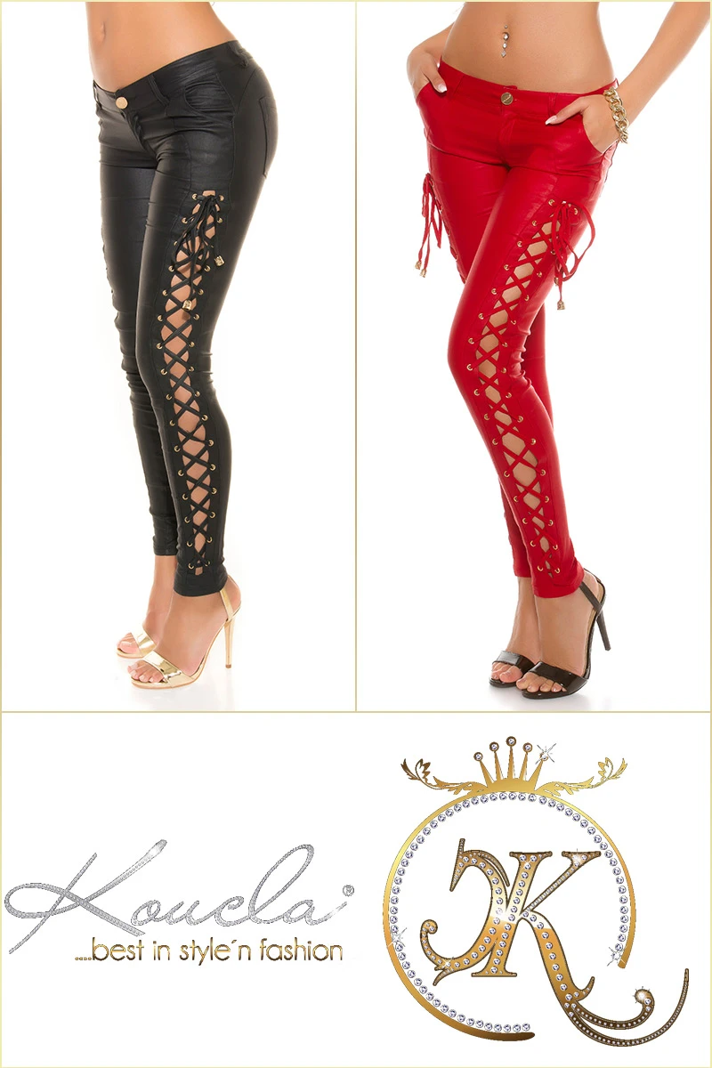 Reizvolle Röhren-Hose im Kunstleder-Look mit seitlicher Bein-Schnürung