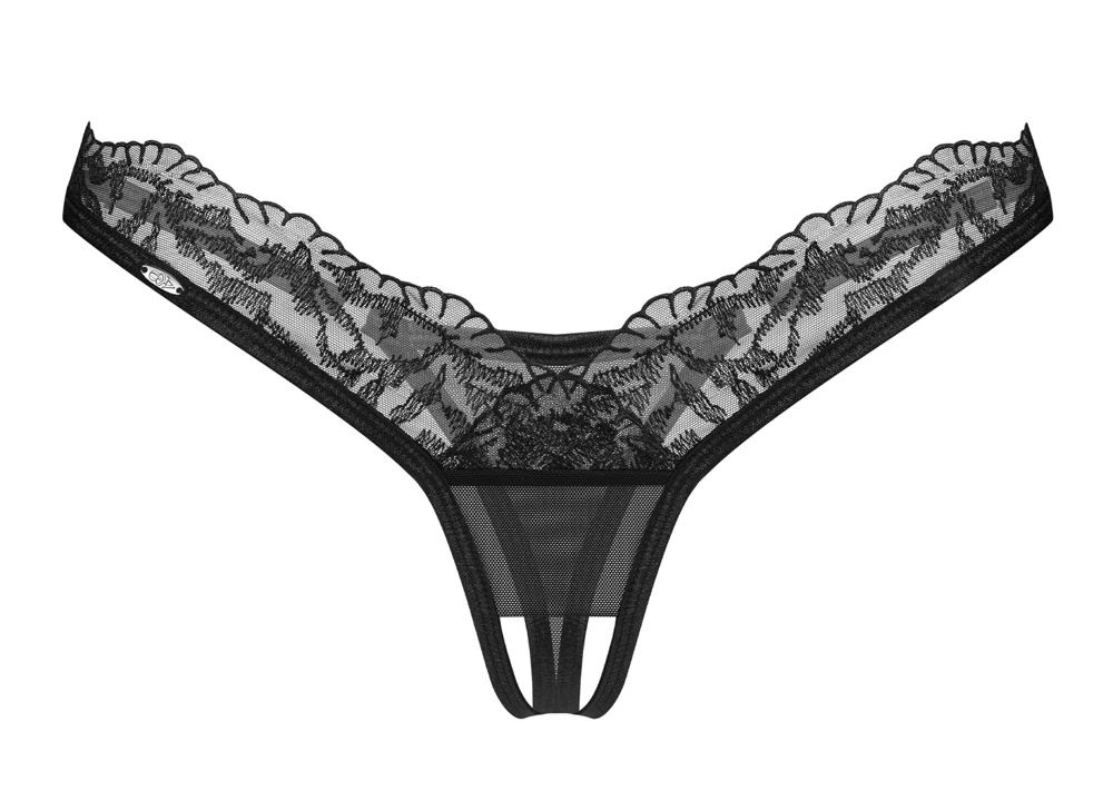 String ouvert Arrowel von Obsessive in schwarzer Tüll-Transparenz mit feiner Spitze, offen im Schritt für prickelnde Momente