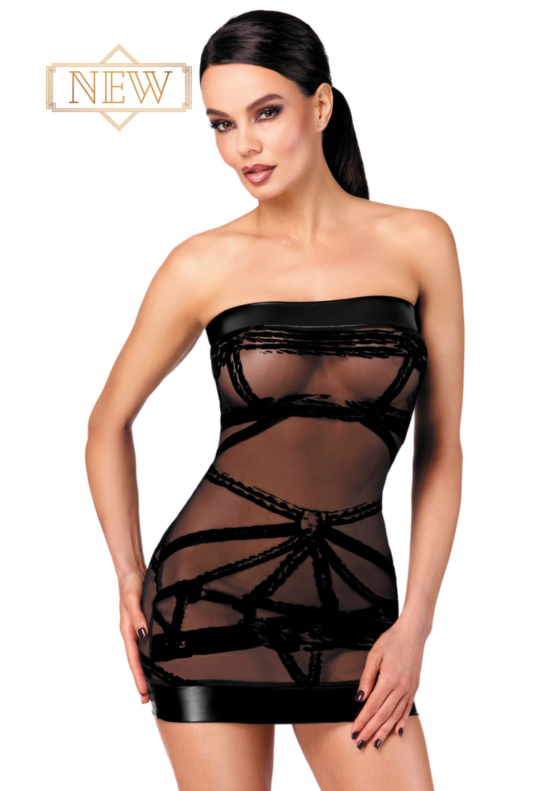 Off-Shoulder Minikleid Bondesque Kinky aus elastischem Tüll mit Shibari-Flock und breiten Wetlook-Bündchen – gewagt, figurbetont und stilvoll für selbstbewusste Auftritte von Noir Handmade F359
