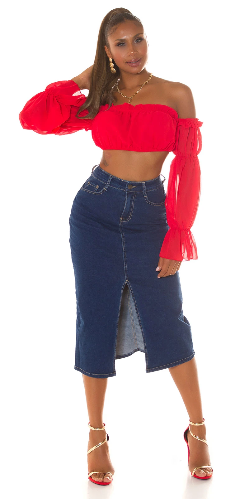 Dark Denim High Waist Midi Rock mit Schlitz vorne Dark Denim High Waist Midi Rock mit Schlitz vorne