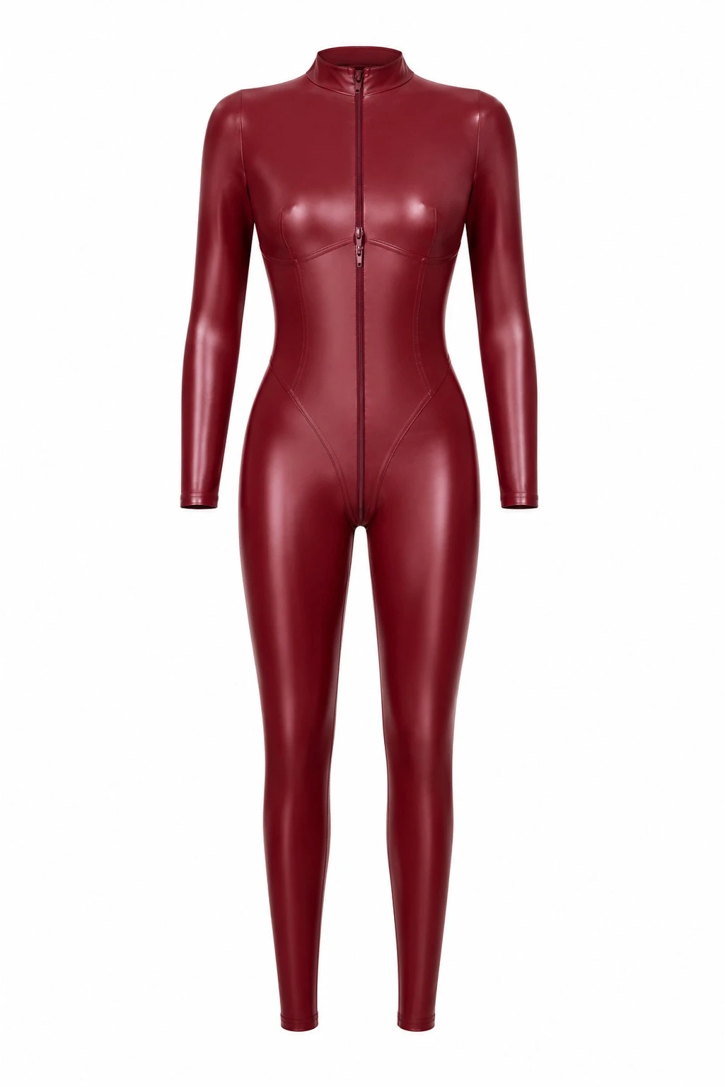 Noir Handmade F395 Wetlook Kinky Overall Burgundy – Aufreizender Neckholder-Catsuit mit 3-Wege-Reißverschluss & Korsett-Nähten