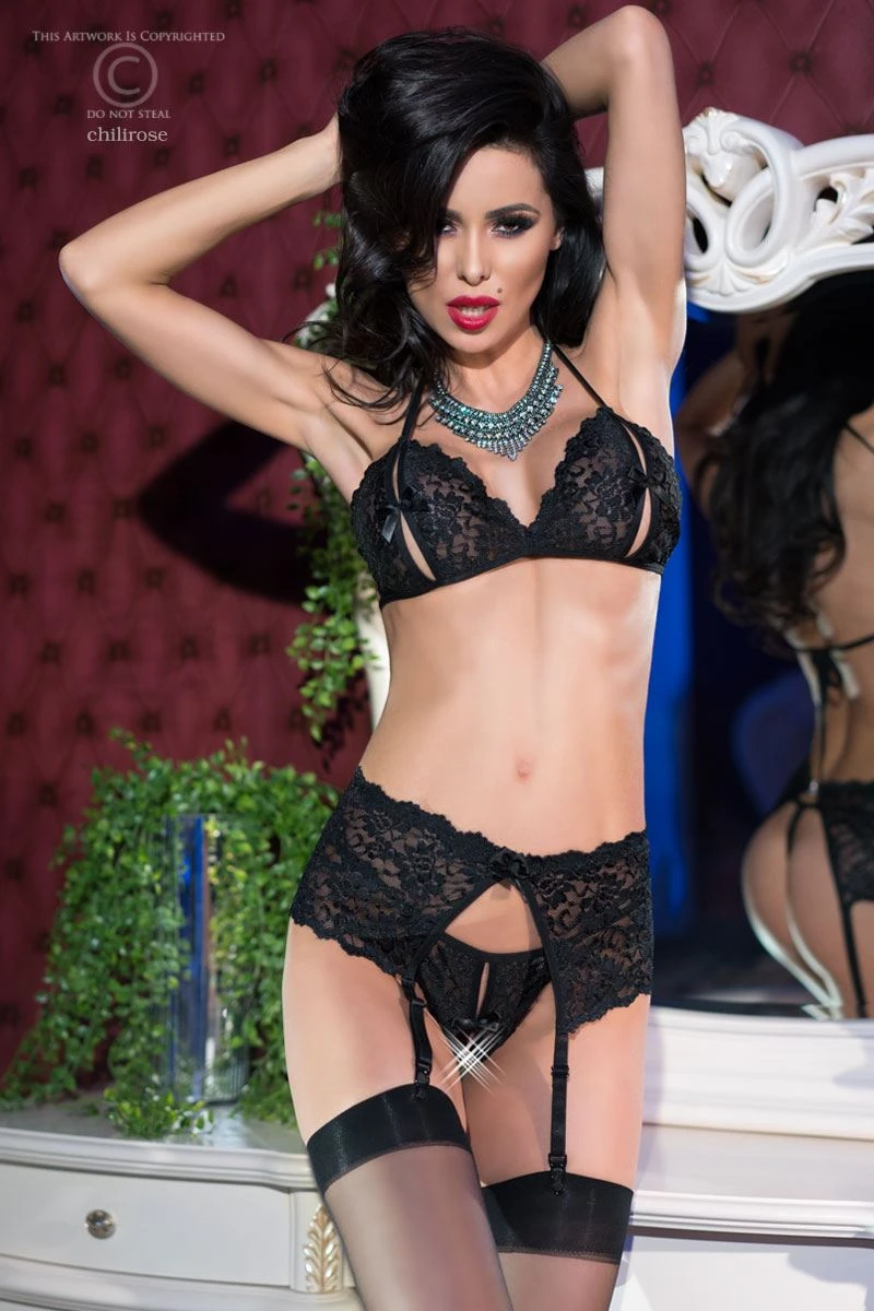 Sexy Dessous Set CR4220 von Chilirose Ouvert String + Strumpfhalter