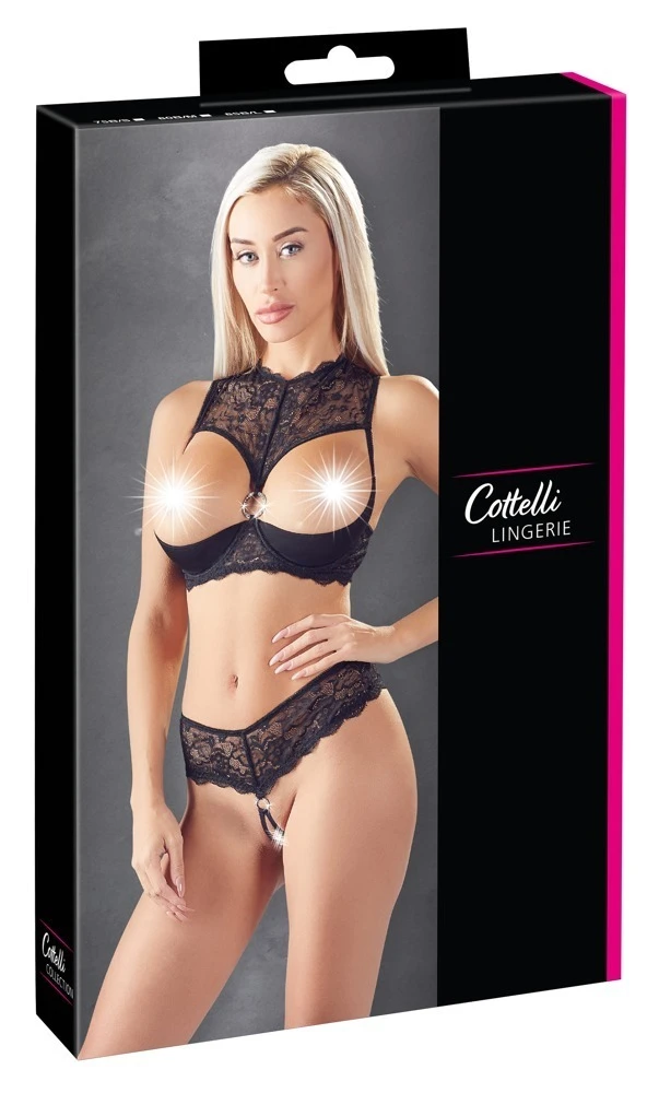 Cottelli LINGERIE Wattierten Hebe BH und Ouvert String aus Spitze mit Glitzerelemente