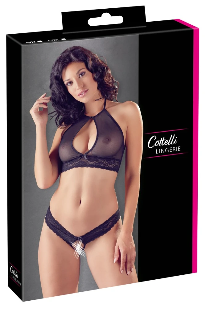 Cottelli LINGERIE Transparentes Ouvert Set BH und String mit Spitze und Kettchen