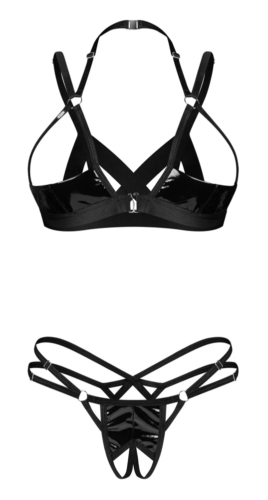 Set Keira Lise – Schwarzes Lackglanz-Set mit Ouvert-BH, verstellbaren Trägern, silberfarbenen Details und passendem String, pure Versuchung in Lackoptik