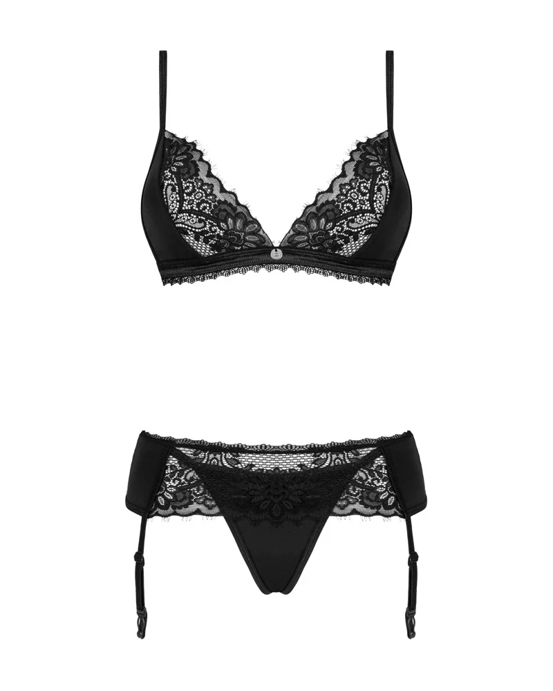 Obsessive Soft-BH, Strapsgurt und String im 3-teiligen Verführ-Set Maderris. Zarter schwarzer Material-Mix mit Blüten- und Wimpernspitze