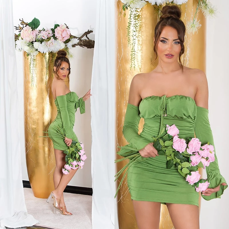 Gerafftes Off Shoulder Langarm Minikleid mit Cups Gerafftes Off Shoulder Langarm Minikleid mit Cups