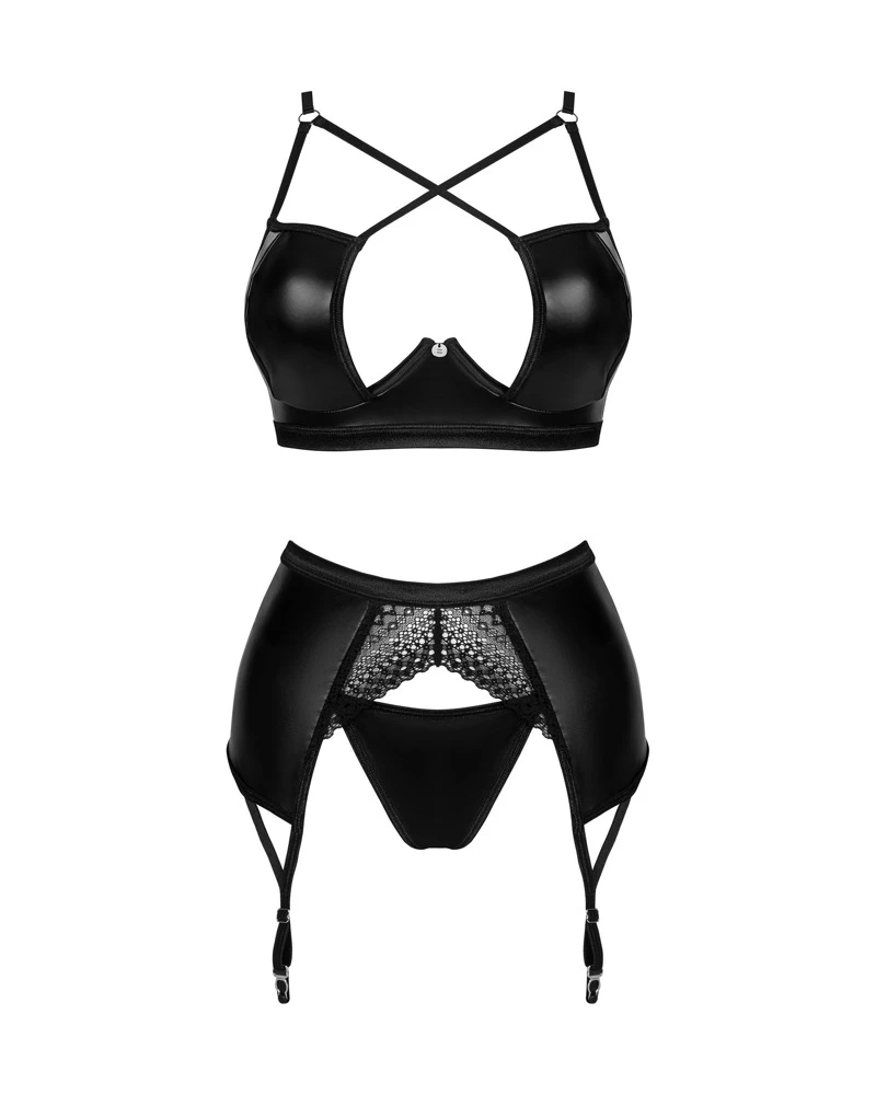 Obsessive 3-teiliges Set Norides mit Bügel-BH, Strapsgurt und String im Wetlook, der sich elastisch und weich anschmiegt.