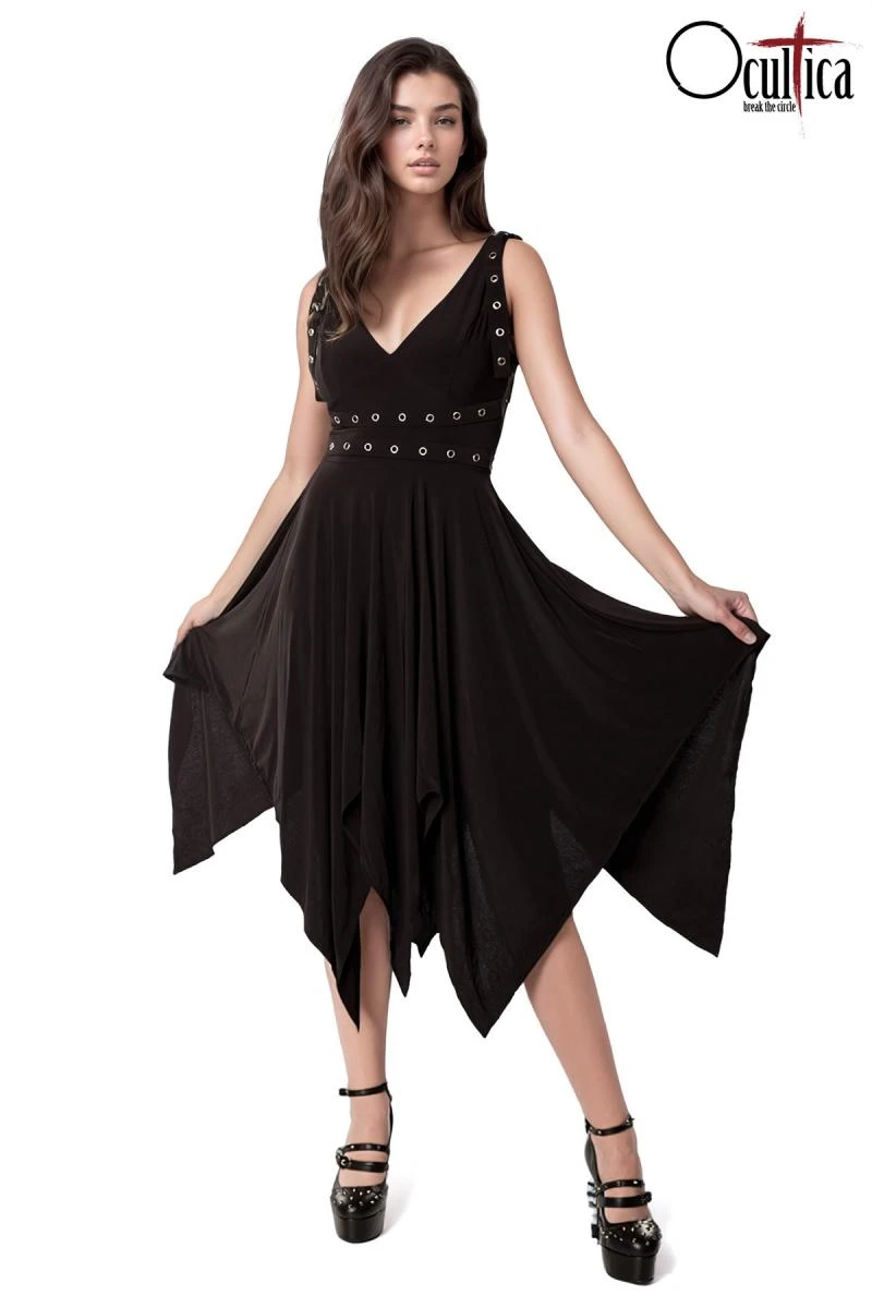Schwarzes Steampunk Gothic-Kleid, ärmellos Romantik-Kleid, Mittellang von Ocultica, Rockwear