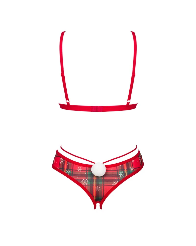 Weihnachtliches Karo-Dessous-Set, Lingerie BH & Riostring ouvert mit Schneeflocken, Plüsch-Bommel und verstellbaren Trägern, weißen Plüsch-Bommel