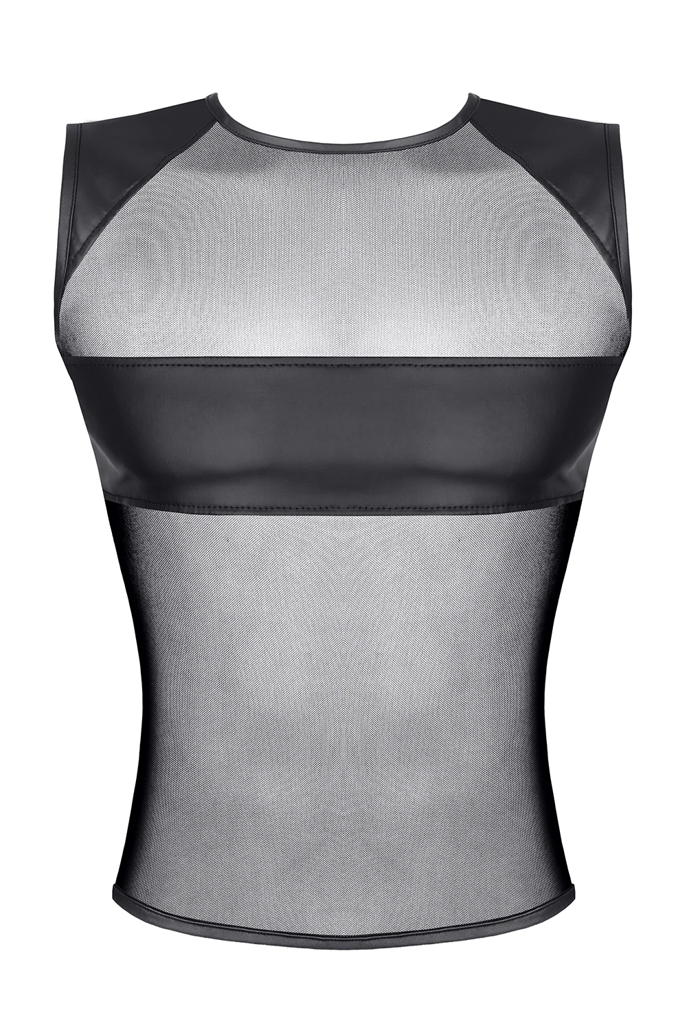 Schwarzes Herren Shirt RMSilvestro001 aus Wetlook und Mesh – transparenter Blickfang für definierte Schultern und maskuline Silhouette  von Regnes Fetish Planet