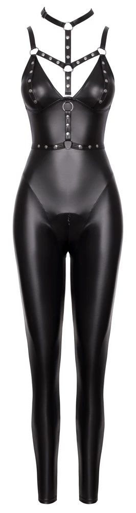 Cottelli Kinky Träger-Overall im schwarzen Mattlook mit abnehmbarem Brust-Harness, silberfarbenen Metall-Details, Soft-Cups mit Druckknöpfen und aufregendem 3-Wege-Reißverschluss durch den Schritt