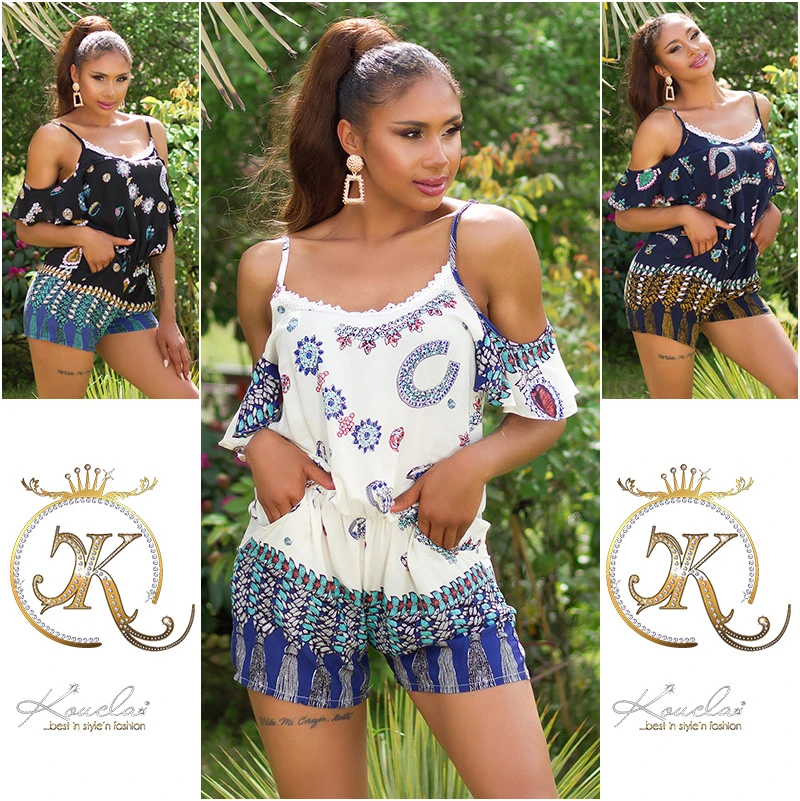 Cold Shoulder Summer Hotpants Träger Jumpsuit mit Print Cold Shoulder Summer Hotpants Träger Jumpsuit mit Print