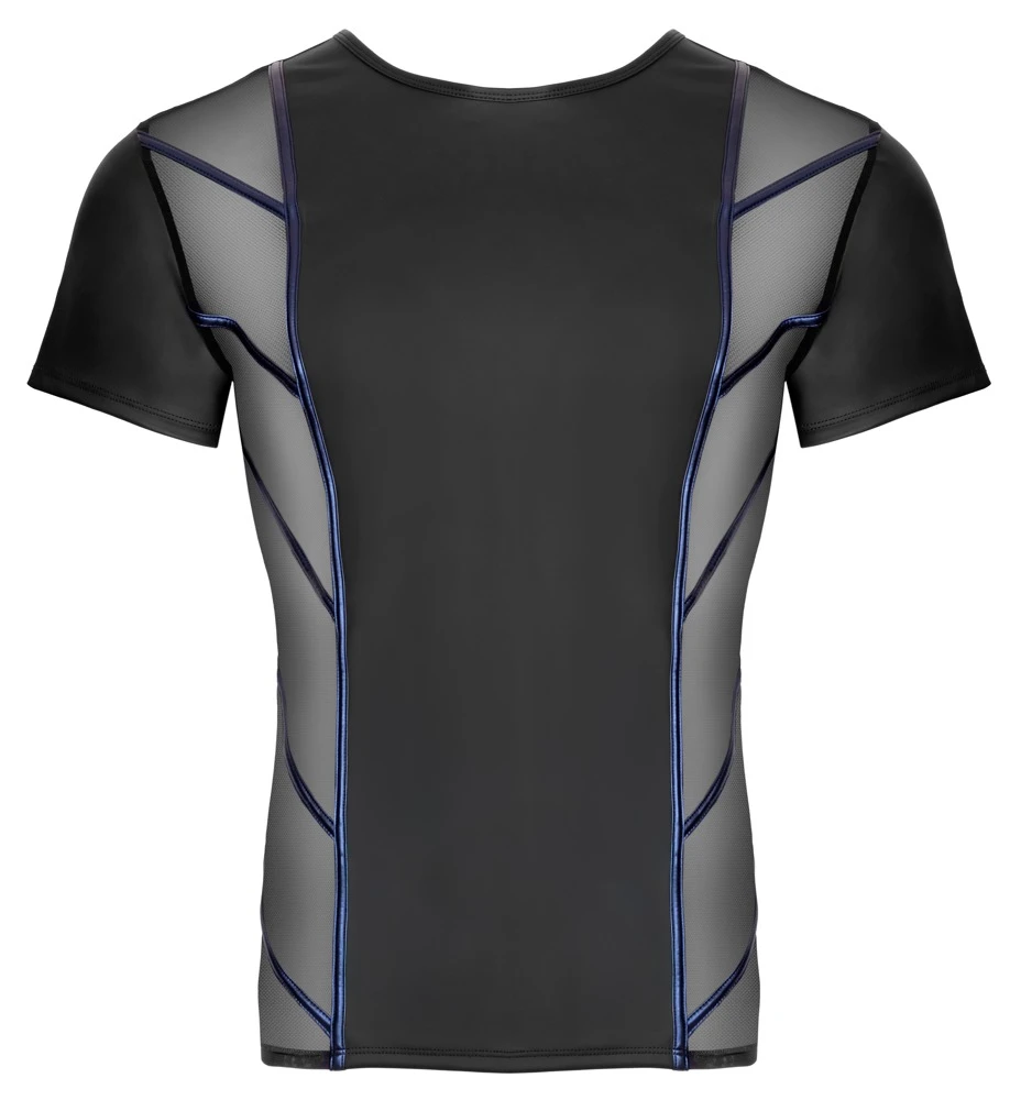 Betonendes Kurzarm-Shirt von NEK im schwarzen Mattlook mit seitlichen Netz-Einsätzen und glänzenden Blue-Metallic-Streifen – sexy Clubwear für selbstbewusste Nächte!