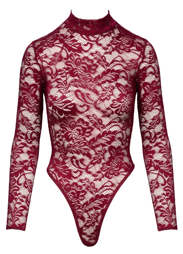 Cottelli LINGERIES Ornament-Spitzen Stringbody mit langem Arm & Stehkragen Sexy hoher Beinausschnitt