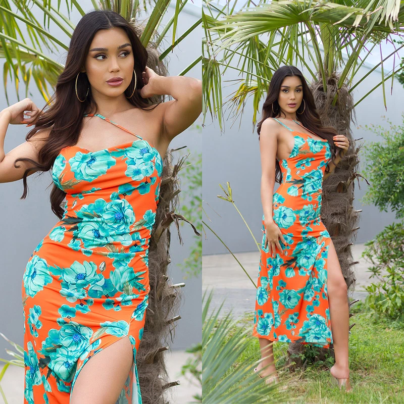 Flower Printed One Shoulder Träger Maxi Kleid mit XL-Beinschlitz Flower Printed One Shoulder Träger Maxi Kleid mit XL-Beinschlitz