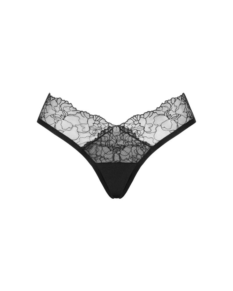 Obsessive schwarzer Slip aus der Kollektion Bella Rou.  Verziert mit besticktem Tüll und schmuckverzierung auf der Vorderseite.