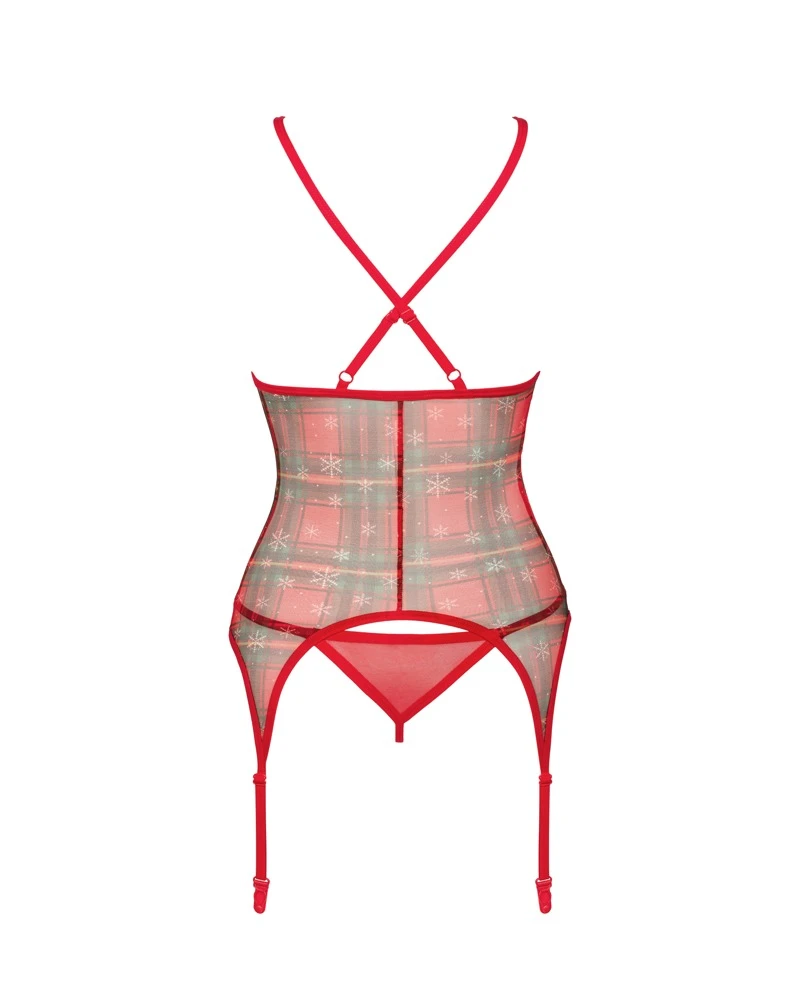 Verführerisches Reizwäsche Karo-Strapshemd mit Schneeflocken und roter Spitze, Set mit String, Lingerie verstellbaren Trägern und Strapsen